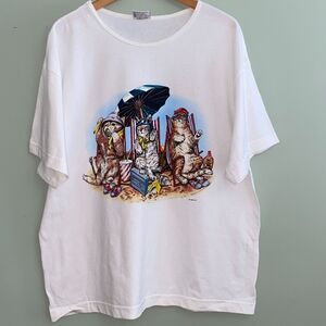 Cat Beach T-Shirt Double Sided Cotton Short Sleeve Womens XL Whimsical